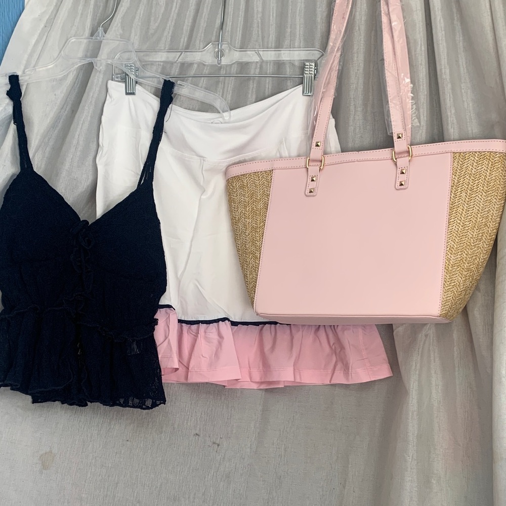 Pink Straw-Panel Shoulder Tote Bag
